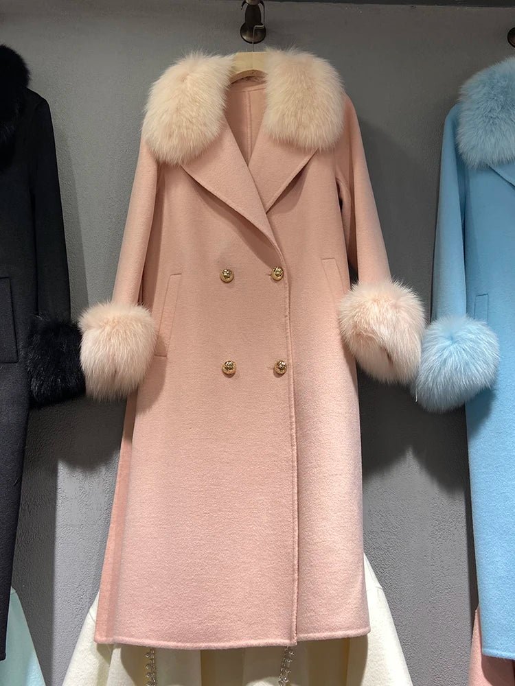Hot Sale Female Classic Woolen Wool Fox Fur Collar and Cuff Decoration Women Winter Woolen Slim Belt Long Woolen Coat - Blomera