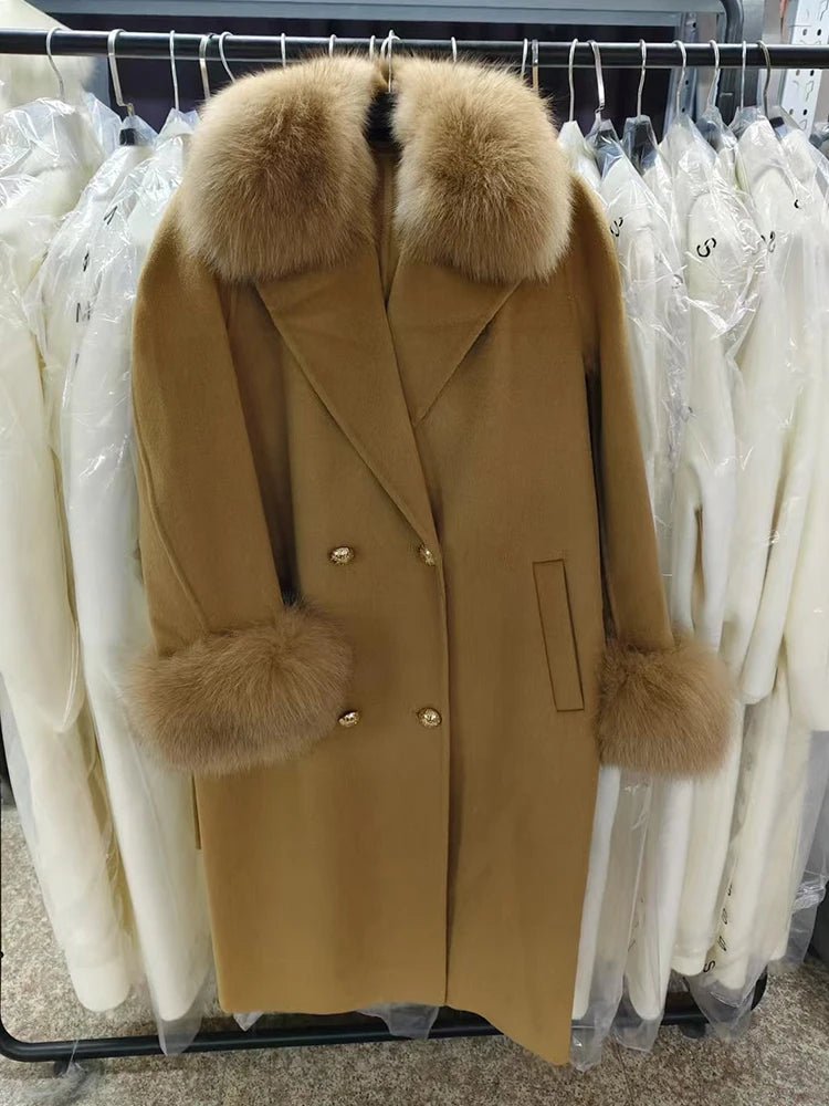 Hot Sale Female Classic Woolen Wool Fox Fur Collar and Cuff Decoration Women Winter Woolen Slim Belt Long Woolen Coat - Blomera