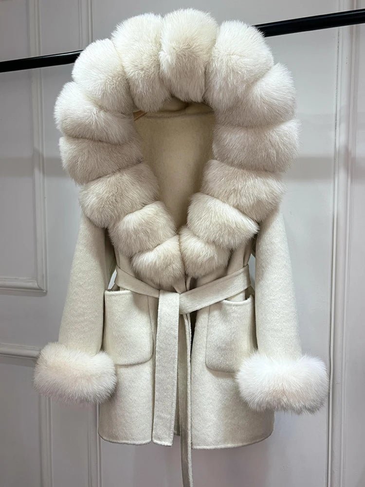 Janveny Woolen Blends Coat Women Real Fur Coat Women Luxury Natural Fox Fur Warm Jackets Autumn Winter Female Cashmere Wool Coat - Blomera