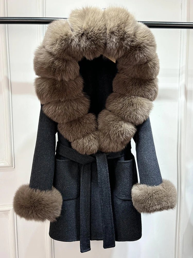 Janveny Woolen Blends Coat Women Real Fur Coat Women Luxury Natural Fox Fur Warm Jackets Autumn Winter Female Cashmere Wool Coat - Blomera