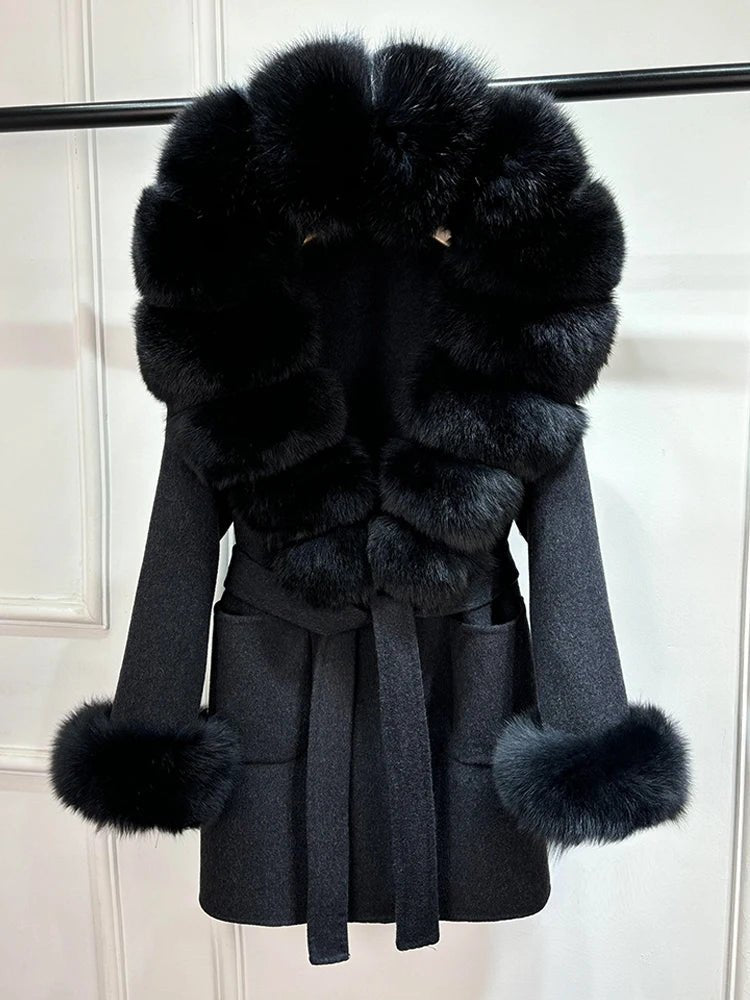 Janveny Woolen Blends Coat Women Real Fur Coat Women Luxury Natural Fox Fur Warm Jackets Autumn Winter Female Cashmere Wool Coat - Blomera
