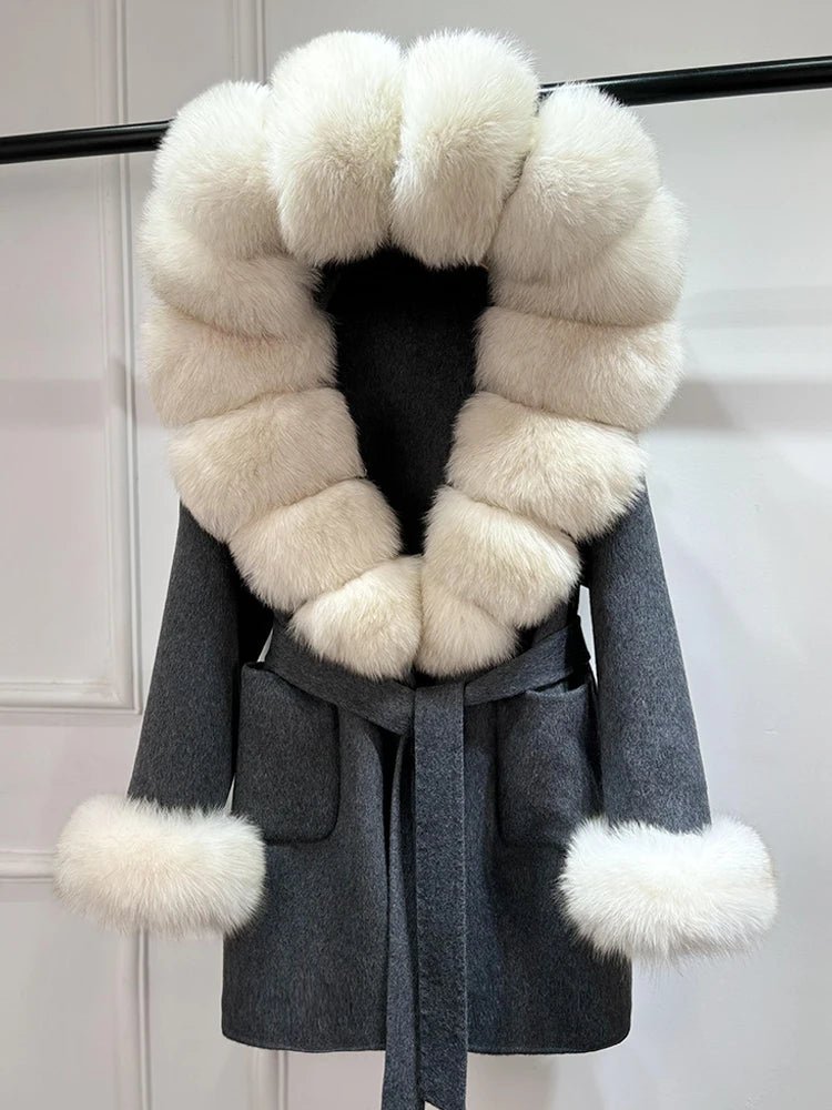 Janveny Woolen Blends Coat Women Real Fur Coat Women Luxury Natural Fox Fur Warm Jackets Autumn Winter Female Cashmere Wool Coat - Blomera