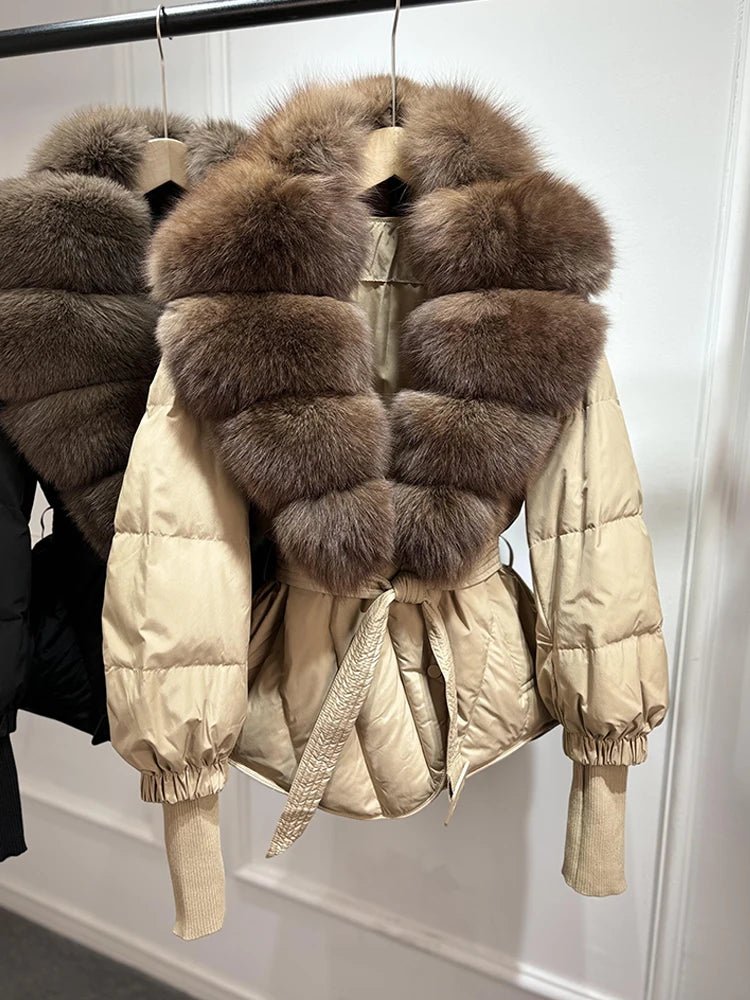 Lagabogy 2025 New Winter Women Real Fox Fur Collar Puffer Jacket Female Long Knitted Sleeves Slim Casual White Duck Down Coat - Blomera