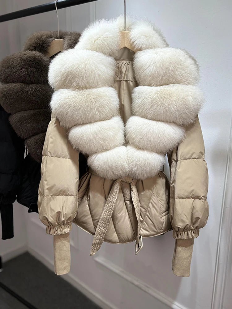 Lagabogy 2025 New Winter Women Real Fox Fur Collar Puffer Jacket Female Long Knitted Sleeves Slim Casual White Duck Down Coat - Blomera