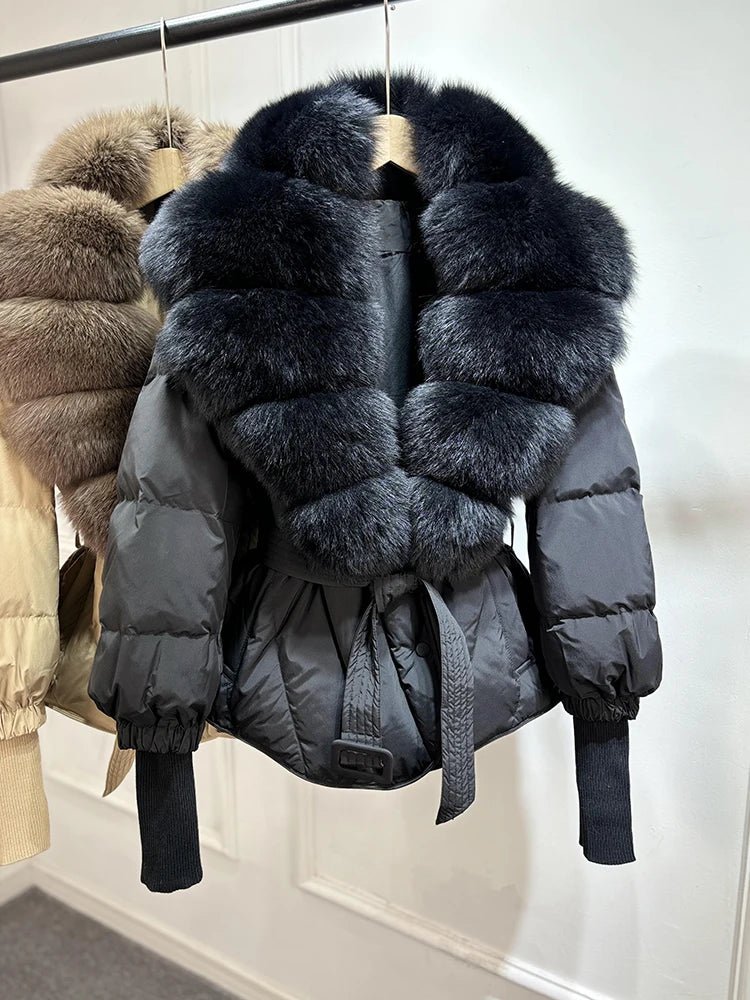 Lagabogy 2025 New Winter Women Real Fox Fur Collar Puffer Jacket Female Long Knitted Sleeves Slim Casual White Duck Down Coat - Blomera