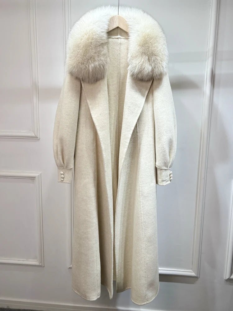 Lagabogy Women Real Natural Fox Fur Wool Coat 2025 Ladies Outerwear Winter Cashmere Woolen Blend X - Long Jacket Female Outwear - Blomera