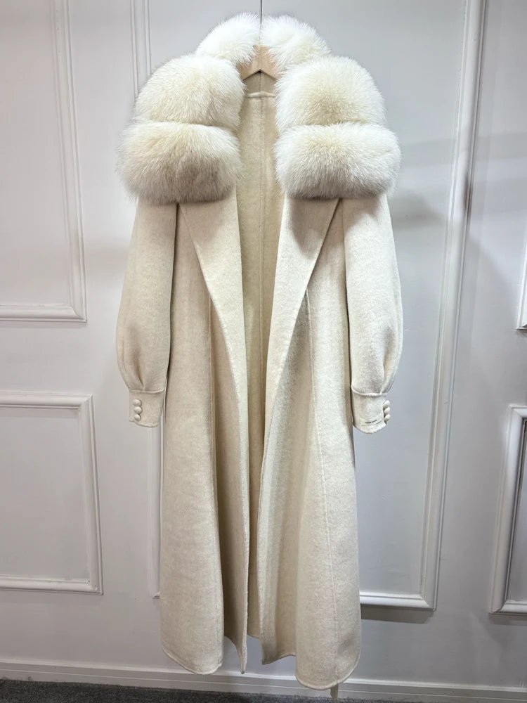 Lagabogy Women Real Natural Fox Fur Wool Coat 2025 Ladies Outerwear Winter Cashmere Woolen Blend X - Long Jacket Female Outwear - Blomera