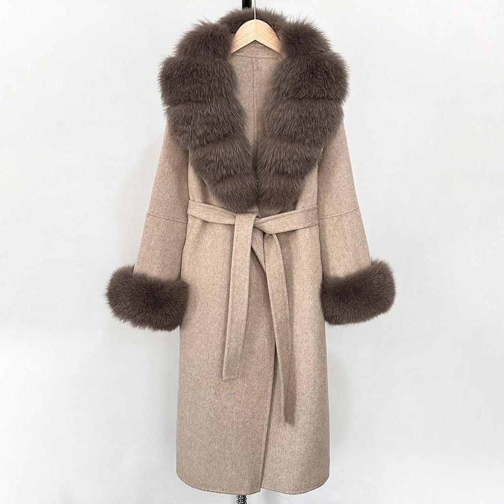 Long Big Fox Fur Real Fur Jacket Female Elegant Warm Woolen Jacket Top Clothes Fashion Wool Coat Cuffs Autumn Spring Women - Blomera