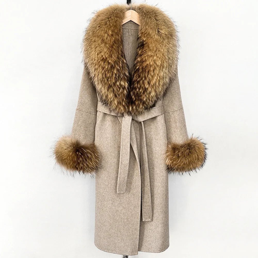 Long Big Fox Fur Real Fur Jacket Female Elegant Warm Woolen Jacket Top Clothes Fashion Wool Coat Cuffs Autumn Spring Women - Blomera