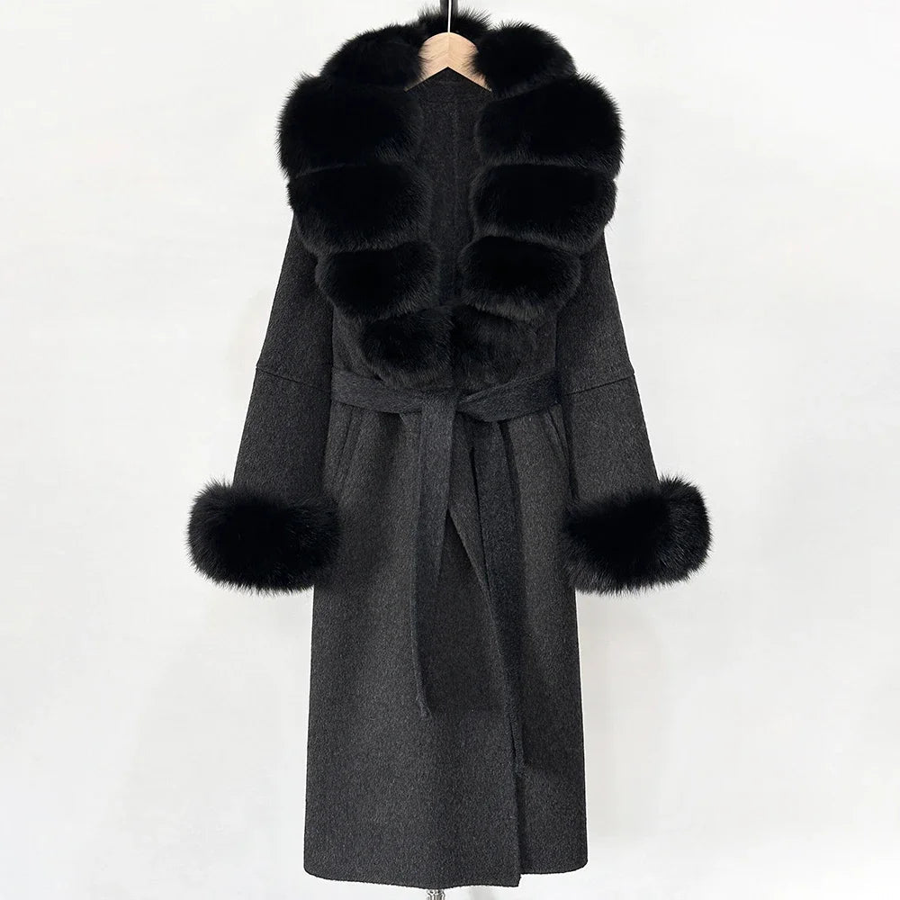 Long Big Fox Fur Real Fur Jacket Female Elegant Warm Woolen Jacket Top Clothes Fashion Wool Coat Cuffs Autumn Spring Women - Blomera