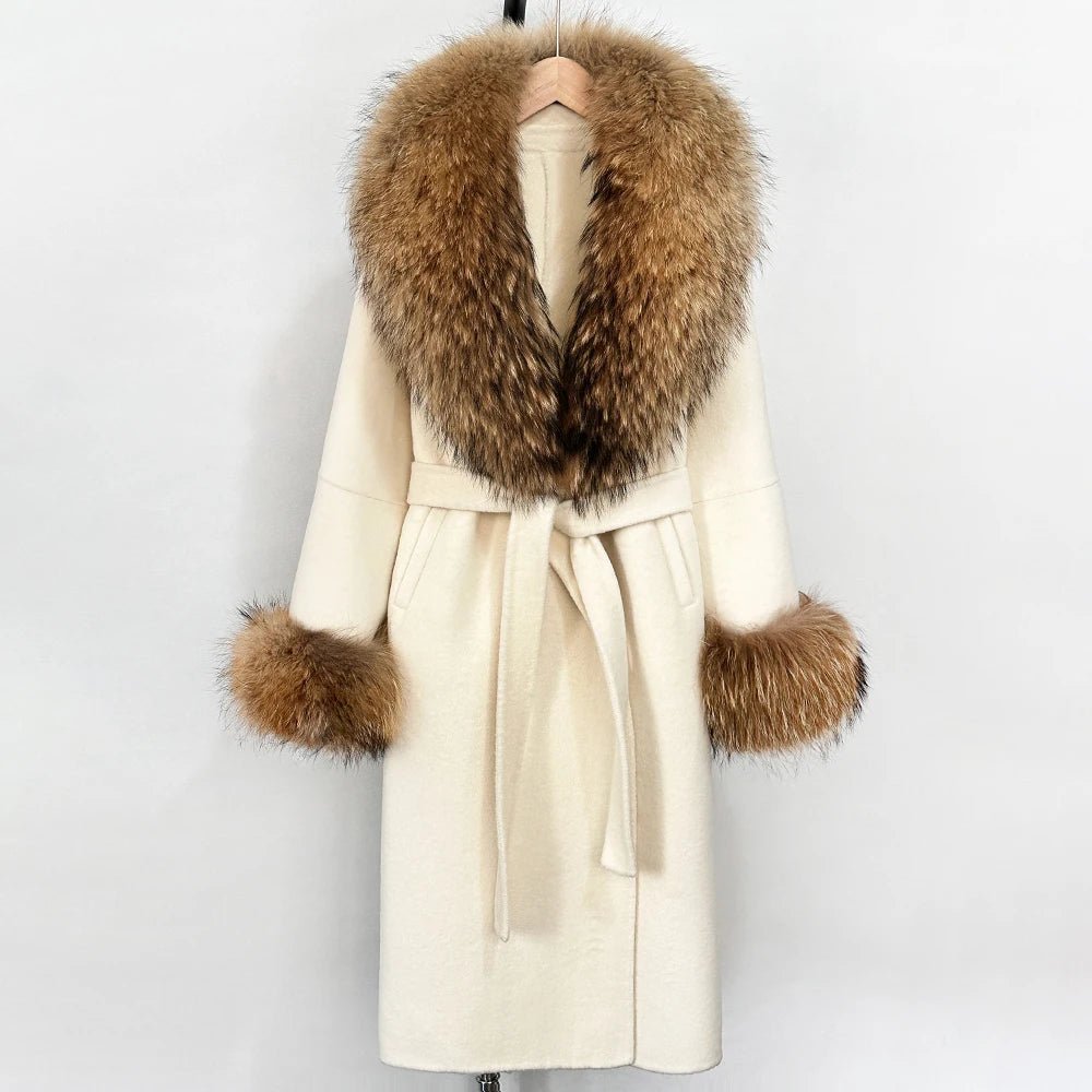 Long Big Fox Fur Real Fur Jacket Female Elegant Warm Woolen Jacket Top Clothes Fashion Wool Coat Cuffs Autumn Spring Women - Blomera