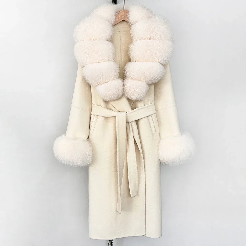 Long Big Fox Fur Real Fur Jacket Female Elegant Warm Woolen Jacket Top Clothes Fashion Wool Coat Cuffs Autumn Spring Women - Blomera
