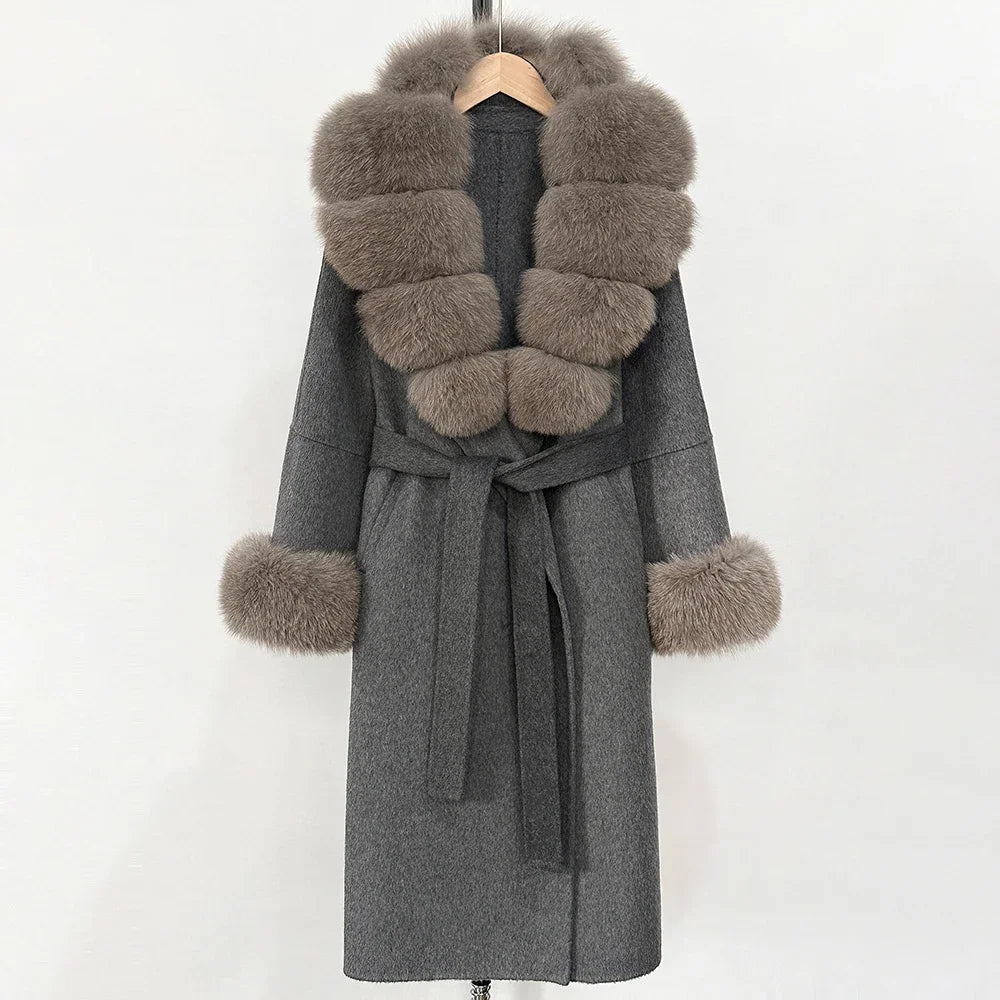 Long Big Fox Fur Real Fur Jacket Female Elegant Warm Woolen Jacket Top Clothes Fashion Wool Coat Cuffs Autumn Spring Women - Blomera